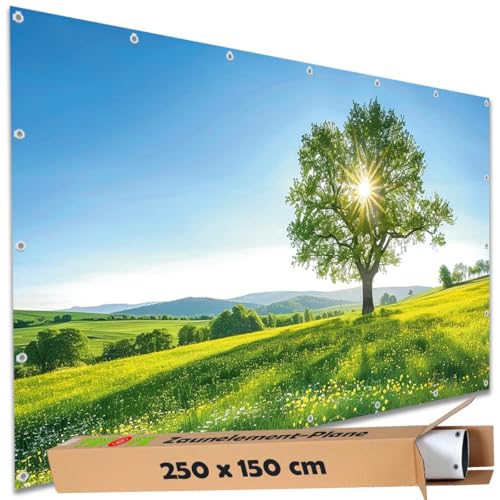 TRIOSK Sichtschutz Garten Deko Zaun Plane Blickdicht groß mit Zaunblende Motiv Sommer Blumen Wiese für Balkon Terrasse Zaunelement Doppelstabmatten Gartenzaun PVC 250x150 cm von TRIOSK