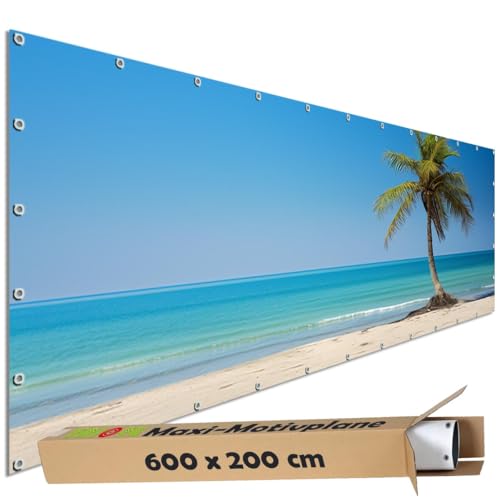 TRIOSK Sichtschutz Garten Dekoration Plane groß mit Motiv Strand Meer Karibik Palme Motivbanner Blickdicht für Terrasse Zaun Gartenzaun Gartenposter PVC Zaunblende 600x200 cm TRIOSK Sichtschutz Garten Dekoration Plane groß mit Motiv Strand Meer Karibik Palme Motivbanner Blickdicht für Terrasse Zaun Gartenzaun Gartenposter PVC Zaunblende 600x200 cm von TRIOSK