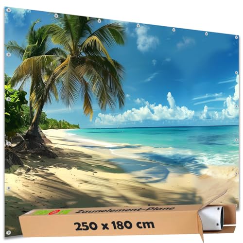 TRIOSK Sichtschutz Garten Dekoration Plane groß mit Motiv Strand Meer Karibik Urlaub Motivbanner Blickdicht für Zaun Doppelstabmatten Zaunelement Gartenzaun Zaunblende PVC 250x180 cm von TRIOSK