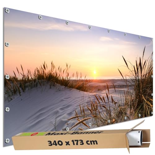 TRIOSK Sichtschutz Garten Dekoration Plane groß mit Motiv Strand Sonnenuntergang Meer Motivbanner Blickdicht für Terrasse Zaun Gartenzaun Bauzaunplane PVC Zaunblende 340x173 cm von TRIOSK