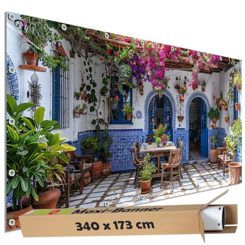 TRIOSK Sichtschutz Garten Dekoration Plane groß mit Motiv Landhaus Terrasse Mediterran Motivbanner Blickdicht für Terrasse Zaun Gartenzaun Bauzaunplane PVC Zaunblende 340x173 cm von TRIOSK