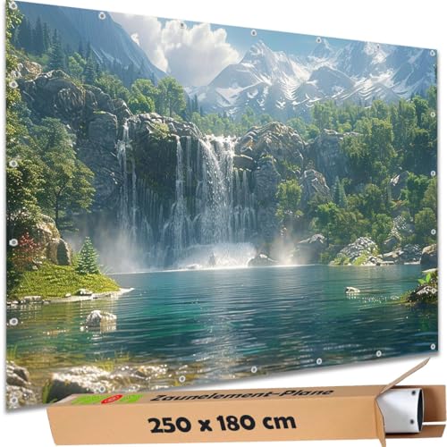 TRIOSK Sichtschutz Garten Deko Zaun Plane Blickdicht groß mit Zaunblende Motiv Wasserfall Schweizer Alpen Berg für Zaunelement Doppelstabmatten Stabmattenzaun Gartenzaun PVC 250x180 cm von TRIOSK