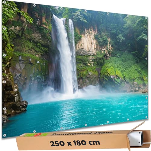 TRIOSK Sichtschutz Garten Deko Zaun Plane Blickdicht groß mit Zaunblende Motiv Wasserfall Tropen See Türkis für Zaunelement Doppelstabmatten Stabmattenzaun Gartenzaun PVC 250x180 cm von TRIOSK