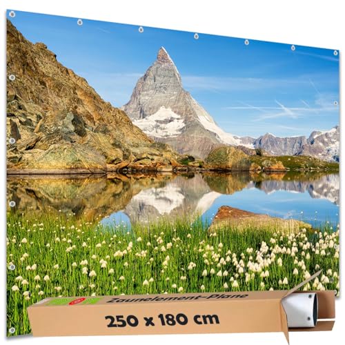 TRIOSK Sichtschutz Garten Deko Zaun Plane Blickdicht groß mit Zaunblende Motiv Berg Matterhorn Schweiz für Zaunelement Doppelstabmatten Stabmattenzaun Gartenzaun PVC 250x180 cm von TRIOSK