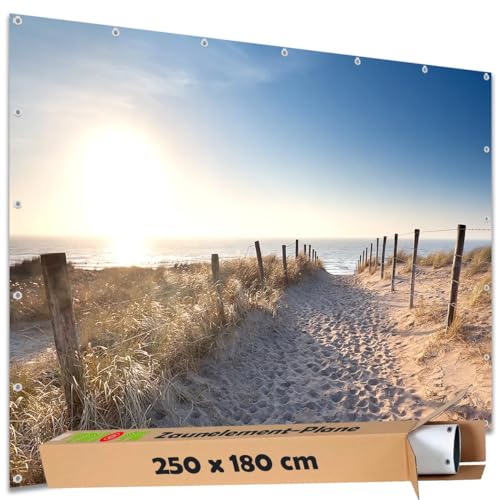 TRIOSK Sichtschutz Garten Dekoration Plane groß mit Motiv Meer Strand Weg Spuren Motivbanner Blickdicht für Zaun Doppelstabmatten Zaunelement Gartenzaun Zaunblende PVC 250x180 cm von TRIOSK