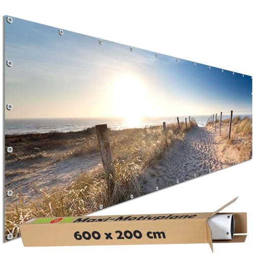 TRIOSK Sichtschutz Garten Dekoration Plane groß mit Natur Motiv Meer Strand Weg Spuren Motivbanner Blickdicht für Terrasse Zaun Gartenzaun Gartenposter PVC Zaunblende 600x200 cm von TRIOSK
