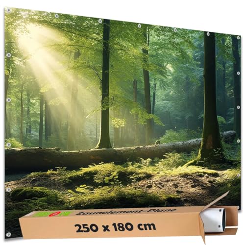 TRIOSK Sichtschutz Garten Dekoration Plane groß mit Motiv Wald Lichtung Sonne Motivbanner Blickdicht für Zaun Doppelstabmatten Zaunelement Gartenzaun Zaunblende PVC 250x180 cm von TRIOSK