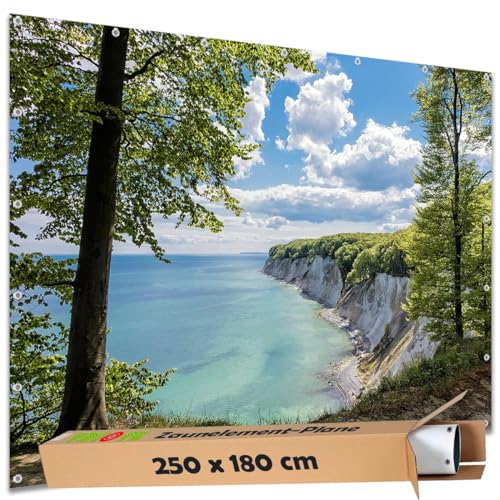 TRIOSK Sichtschutz Garten Dekoration Plane groß mit Ostsee Motiv Kreidefelsen Rügen Motivbanner Blickdicht für Zaun Doppelstabmatten Zaunelement Gartenzaun Zaunblende PVC 250x180 cm von TRIOSK