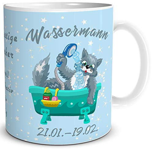 TRIOSK Tasse Katze lustig mit Spruch Sternzeichen Wassermann Katzenmotiv Geschenk Geburtstagstasse für Katzenliebhaber Frauen Freundin von TRIOSK