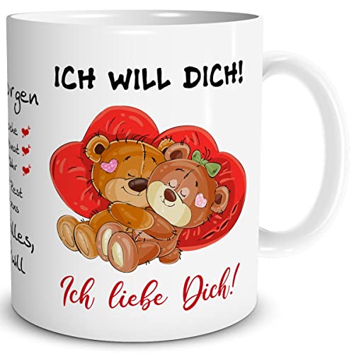 TRIOSK Tasse Bär mit Bären Spruch Ich will dich jeden Tag Valentinstag Sprüche Geschenk lustig für Sie Ihn Männer Frauen verliebte Paare von TRIOSK