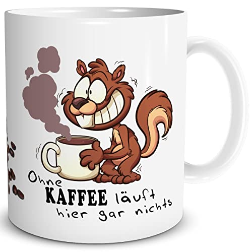 TRIOSK Tasse Eichhörnchen mit Kaffee Spruch lustig Kaffee Läuft Geschenk für Arbeit Büro Kollegen Frauen Männer Kaffeeliebhaber Weiß, Keramik 300ml von TRIOSK