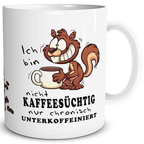 TRIOSK Tasse Eichhörnchen mit Kaffee Spruch lustig Kaffeesüchtig Geschenk für Arbeit Büro Kollegen Frauen Männer Kaffeeliebhaber Weiß, Keramik 300ml von TRIOSK