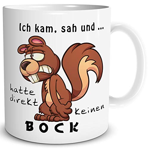 TRIOSK Tasse Eichhörnchen mit Spruch lustig Ich kam sah und hatte direkt keinen Bock Geschenk Spaßtasse für Arbeit Büro Frauen Männer Kollegen Weiß, Keramik 300ml von TRIOSK