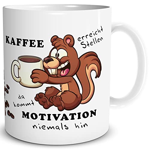 TRIOSK Tasse Eichhörnchen mit Spruch lustig Kaffee erreicht Stellen Geschenk für Arbeit Büro Motivation Kaffeeliebhaber Frauen Männer Weiß, Keramik 300ml von TRIOSK