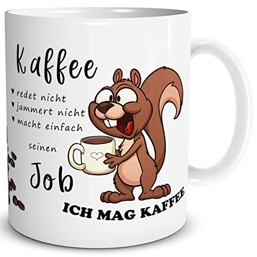 TRIOSK Tasse Eichhörnchen mit Spruch lustig Kaffee redet nicht Geschenk für Arbeit Büro Kaffeeliebhaber Frauen Freundin Männer Kollegen Weiß, Keramik 300ml von TRIOSK