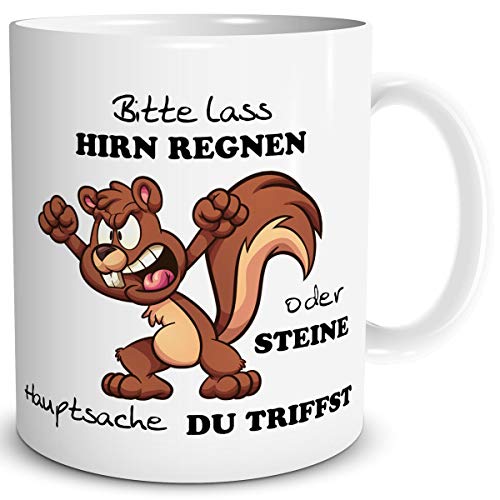 TRIOSK Tasse Eichhörnchen mit Spruch lustig Lass Hirn Regnen Geschenk Spaßtasse für Arbeit Büro Männer Frauen Freunde Kollegen, Keramik 300ml von TRIOSK