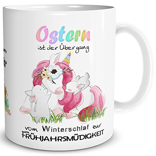 TRIOSK Tasse Frohe Ostern Einhorn Ostergeschenke mit Spruch lustig Oster Schlaf Ostertassen Sprüche Geschenk für Frauen Mädchen Freundin, Keramik 300ml von TRIOSK