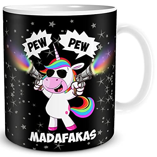 TRIOSK Tasse Einhorn Pew Pew Madafakas mit Spruch lustig Schießendes Unicorn Geschenk Bürotasse für Männer Frauen Einhornliebhaber Kollegen Schwarz von TRIOSK