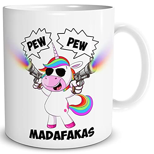 TRIOSK Tasse Einhorn Pew Pew Madafakas mit Spruch lustig Schießendes Unicorn Geschenk Bürotasse für Männer Frauen Einhornliebhaber Kollegen Weiß von TRIOSK