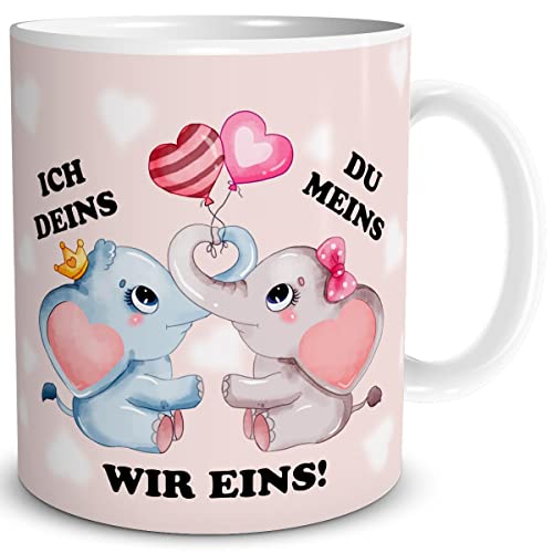 TRIOSK Tasse Elefanten mit Spruch Ich Deins Du Meins Valentinstag Sprüche Geschenk lustig für Sie Ihn Männer Frauen verliebte Paare Rosa, Keramik 300ml von TRIOSK