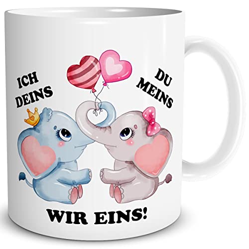 TRIOSK Tasse Elefanten mit Spruch Ich Deins Du Meins Valentinstag Sprüche Geschenk lustig für Sie Ihn Männer Frauen verliebte Paare Weiß, Keramik 300ml von TRIOSK