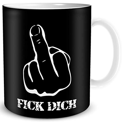 TRIOSK Tasse Mittelfinger mit Spruch lustig Fick Dich Stinkefinger Geschenk für Arbeit Büro Frauen Freundin Männer Kollegen Schwarz, Keramik 300ml von TRIOSK