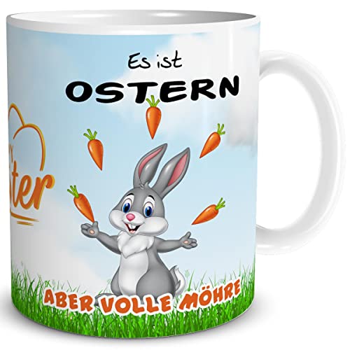 TRIOSK Tasse Hase Frohe Ostern Volle Möhre Ostergeschenke Erwachsene mit Oster Spruch lustig Ostertassen Sprüche Geschenk für Frauen Männer, Keramik 300ml von TRIOSK