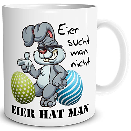 TRIOSK Tasse Hase mit Spruch Eier hat man lustig Frohe Ostergeschenke Erwachsene Sprüche Geschenk für Männer Kollegen Ostern Vatertag Weiß, Keramik 300ml von TRIOSK