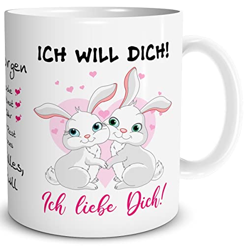 TRIOSK Tasse Hase mit Hasen Spruch Ich will dich jeden Tag Geschenk lustig für Valentinstag Sie Ihn Frohe Ostern Männer Frauen verliebte Paare, Keramik 300ml von TRIOSK