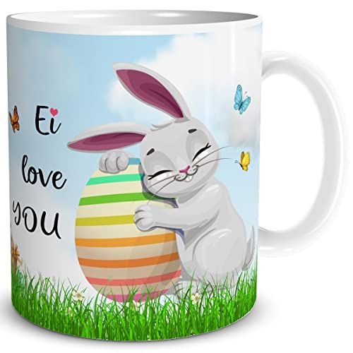 TRIOSK Tasse Hase mit Oster Ei Spruch lustig Ich liebe dich Geschenk für Frohe Ostern Ostergeschenke Männer Frauen Valentinstag verliebte Paare, Keramik 300ml von TRIOSK