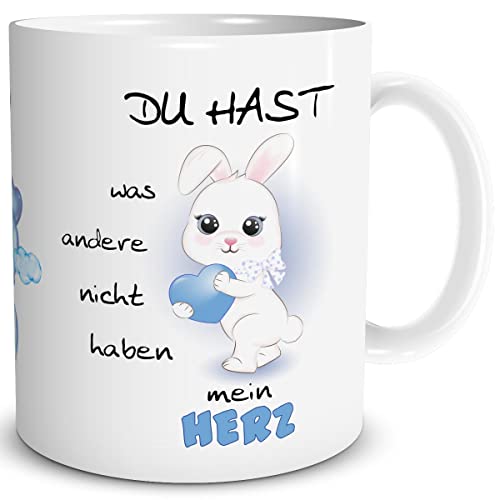 TRIOSK Tasse Hase mit Spruch Du hast was andere nicht haben Mein Herz Geschenk lustig für Ostern Valentinstag Sie Ihn Verliebte Männer Frauen Blau, Keramik 300ml von TRIOSK