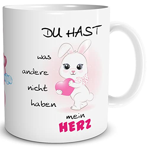 TRIOSK Tasse Hase mit Spruch Du hast was andere nicht haben Mein Herz Geschenk lustig für Ostern Valentinstag Sie Ihn Verliebte Männer Frauen Rosa, Keramik 300ml von TRIOSK