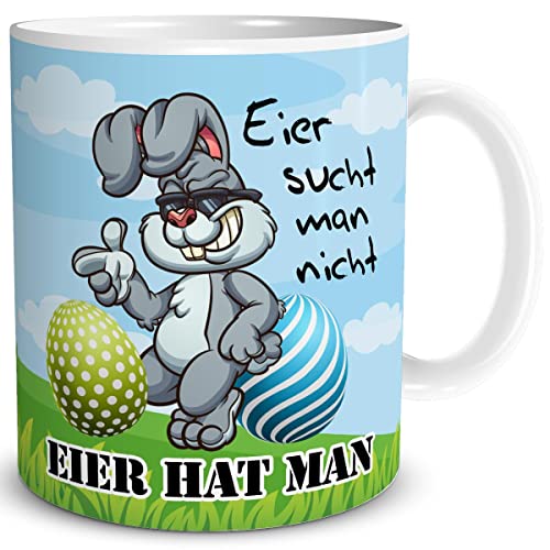 TRIOSK Tasse Hase mit Spruch Eier hat man lustig Frohe Ostergeschenke Erwachsene Sprüche Geschenk für Männer Kollegen Ostern Vatertag Bunt, Keramik 300ml von TRIOSK