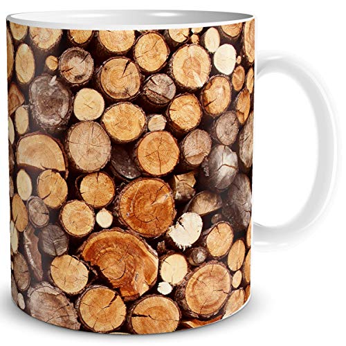 TRIOSK Tasse mit Holz Motiv Baum Stamm Stapel Holzoptik Geschenk lustig für Holzfäller Holzliebhaber Frauen Männer Kollegen, Keramik 300ml von TRIOSK