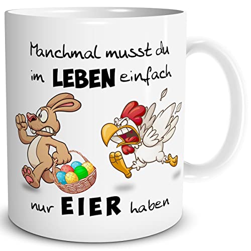 TRIOSK Tasse Hase mit Huhn Spruch Eier haben lustig Frohe Ostern Ostergeschenke Erwachsene Ostertassen Sprüche Geschenk für Männer Frauen, Keramik 300ml von TRIOSK