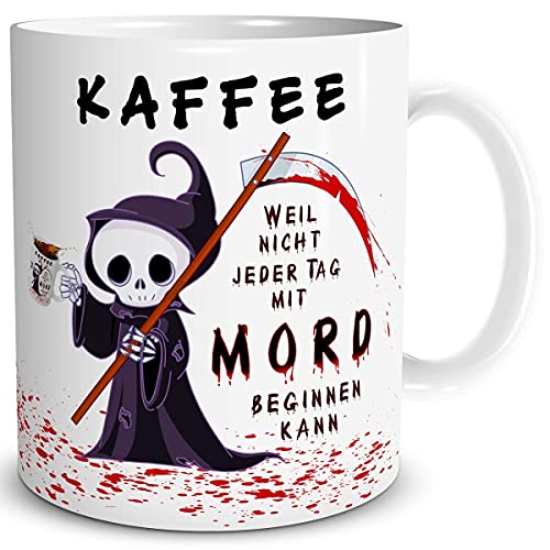 TRIOSK Tasse Kaffee Mord mit Spruch lustig Kaffeeliebe Fun Horror Geschenk für Arbeit Büro Kaffeeliebhaber Kollegen Männer Frauen Freundin Weiß, Keramik 300ml von TRIOSK