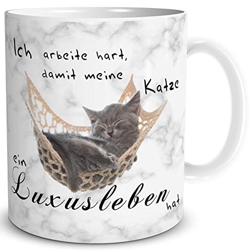 TRIOSK Tasse Katze Luxusleben lustig mit Spruch Ich arbeite hart Katzenmotiv Geschenk für Katzenliebhaber Frauen Freundin Büro Kollegin, Keramik 300ml von TRIOSK