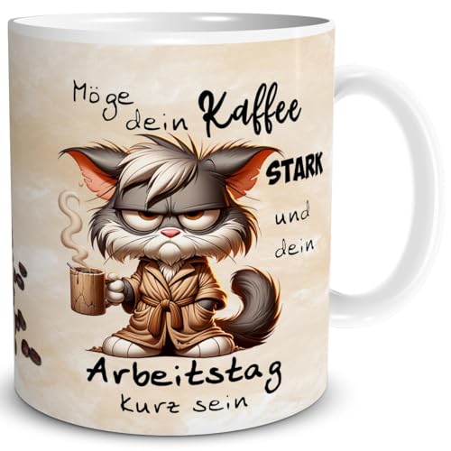 TRIOSK Tasse Katze lustig mit Spruch Möge dein Kaffee stark sein Katzenmotiv Sprüche Geschenk für Katzenliebhaber Frauen Männer Kaffeeliebhaber Büro Kollegen Beige, Keramik 300ml von TRIOSK