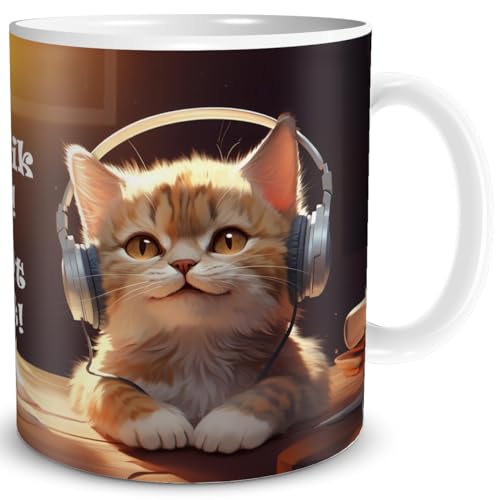 TRIOSK Tasse Katze lustig mit Spruch Musik an Welt aus Katzenmotiv Geschenk für Katzenliebhaber Musiker Frauen Freundin Kollegin, Keramik 300ml von TRIOSK