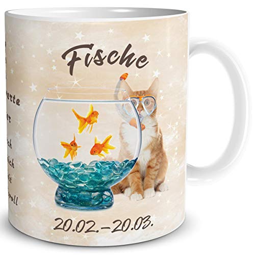 TRIOSK Tasse Katze lustig mit Spruch Sternzeichen Fische Katzenmotiv Horoskop Geschenk für Katzenliebhaber Geburtstag Frauen Freundin von TRIOSK