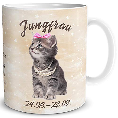 TRIOSK Tasse Katze lustig mit Spruch Sternzeichen Jungfrau Katzenmotiv Geschenk für Katzenliebhaber Geburtstag Frauen Freundin von TRIOSK