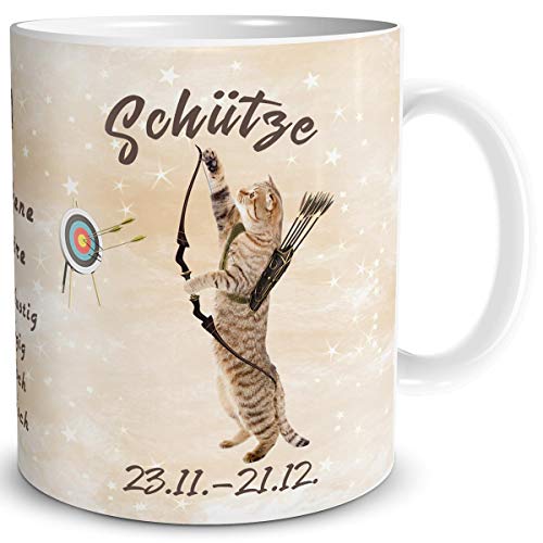 TRIOSK Tasse Katze lustig mit Spruch Sternzeichen Schütze Katzenmotiv Geschenk für Katzenliebhaber Geburtstag Frauen Freundin von TRIOSK
