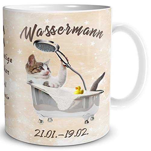 TRIOSK Tasse Katze lustig mit Spruch Sternzeichen Wassermann Katzenmotiv Geschenk für Katzenliebhaber Geburtstag Frauen Freundin von TRIOSK