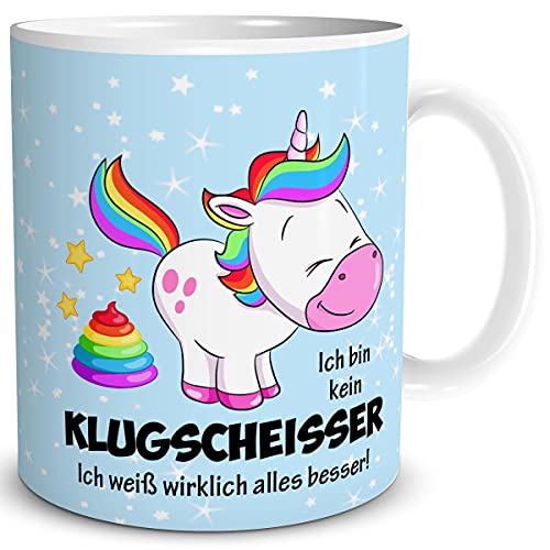 TRIOSK Tasse Klugscheisser Einhorn mit Spruch Ich weiß alles besser Geschenk Bürotasse lustig für Frauen Männer Einhornliebhaber Kollegen Blau von TRIOSK