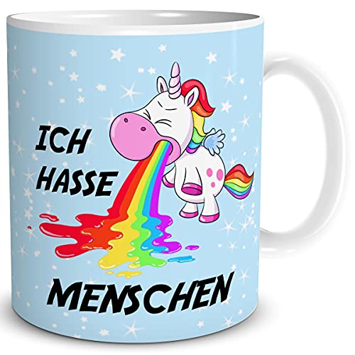 TRIOSK Tasse Kotzendes Einhorn mit Spruch lustig Ich hasse Menschen Geschenk Bürotasse für Männer Frauen Einhornliebhaber Freunde Kollegen Blau von TRIOSK