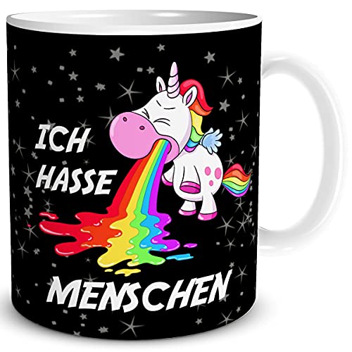 TRIOSK Tasse Kotzendes Einhorn mit Spruch lustig Ich hasse Menschen Geschenk Bürotasse für Männer Frauen Einhornliebhaber Freunde Kollegen Schwarz von TRIOSK