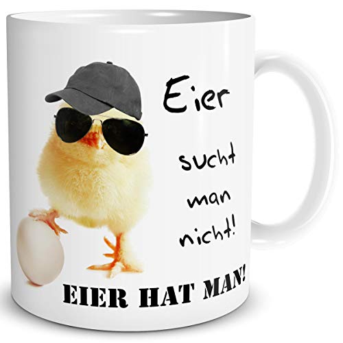 TRIOSK Tasse Küken mit Hühner Spruch Eier hat man lustig Baby Huhn Geschenk für Männer Freunde Büro Kollegen Hühnerliebhaber Ostern Vatertag, Keramik 300ml von TRIOSK