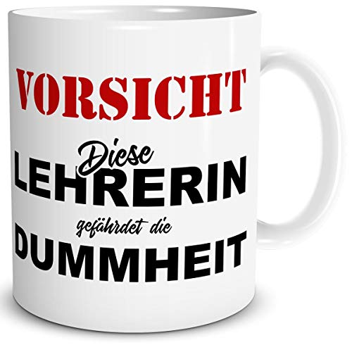 TRIOSK Tasse Lehrerin mit Spruch lustig Vorsicht Diese Lehrerin Geschenk für Geburtstag Abschied Schule Abi Abschiedsgeschenk Danke von TRIOSK