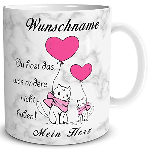 TRIOSK Tasse Katze Spruch Liebe mit Namen personalisiert Mein Herz Valentinstag Sprüche Geschenk lustig für Sie Ihn Verliebte Männer Frauen, Keramik 300ml von TRIOSK