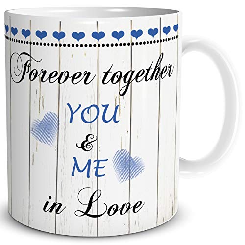 TRIOSK Tasse Valentinstag Liebe mit Spruch Forever Together Liebestassen Geschenk lustig für Sie Ihn Frauen Männer verliebte Paare Blau, Keramik 300ml von TRIOSK